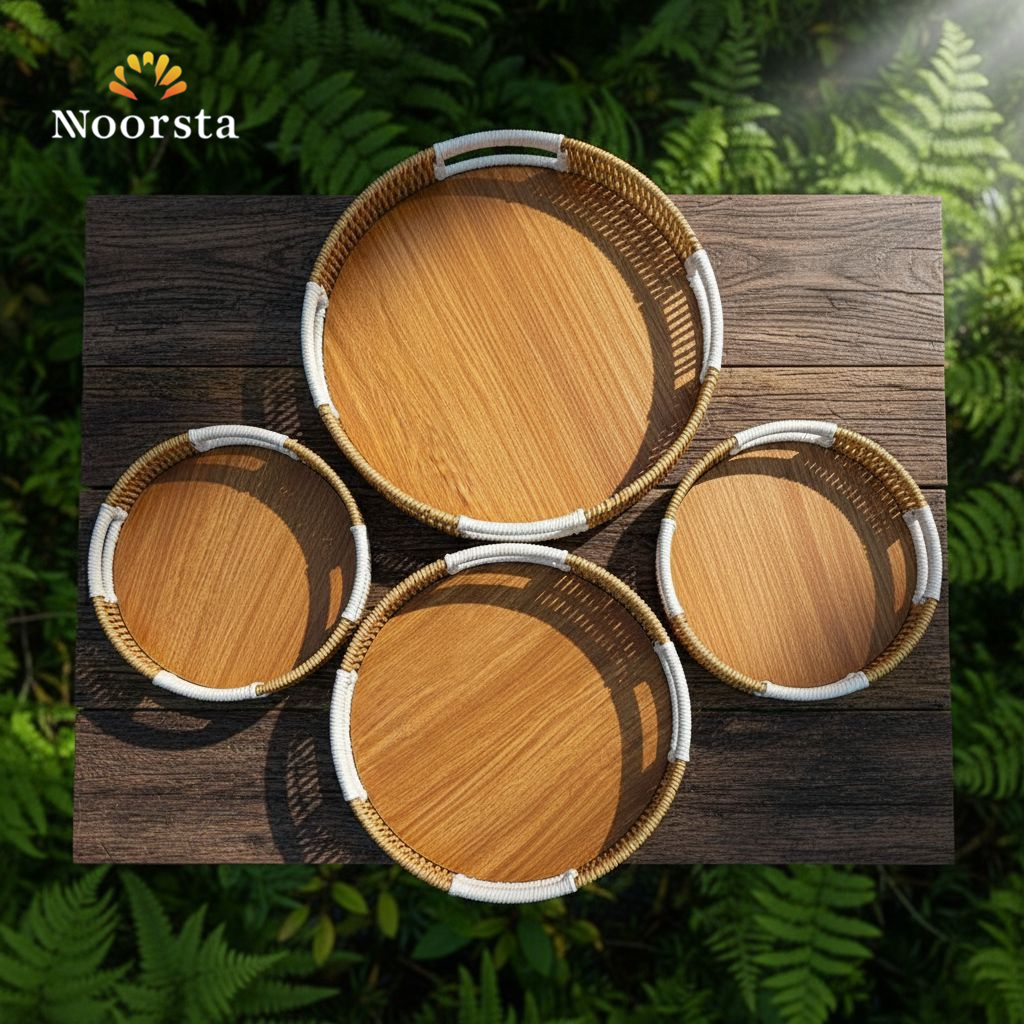 طقم صواني خشب في رتان للتقديم - Authentic Round Wooden Rattan Serving Tray Set - Noorsta
