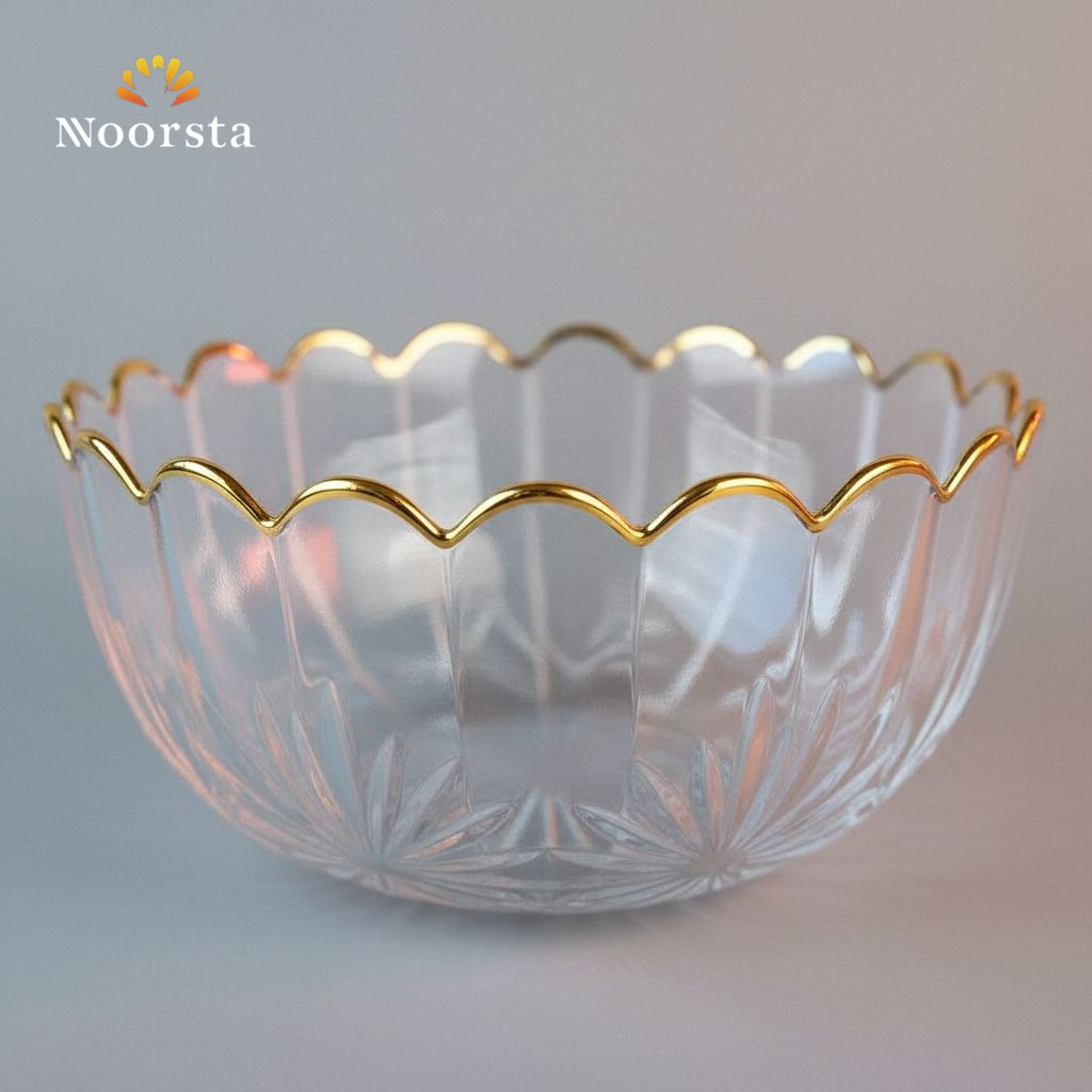 طقم بولات زجاج 3 قطع بحواف متموجة ولمسة ذهبية - Elegant 3-Piece Wavy Glass Bowl Set with Gold Trim - Noorsta