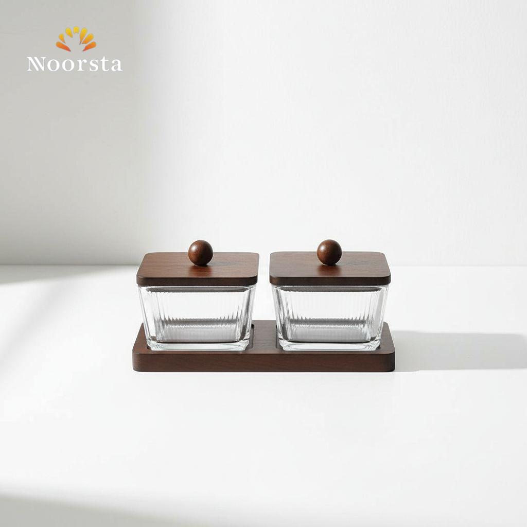 طقم تقديم مكسرات زجاج مضلع ستايل ياباني بقاعدة خشبية - Japanese-Style Ribbed Glass Nut Serving Set with Wooden Tray - Noorsta