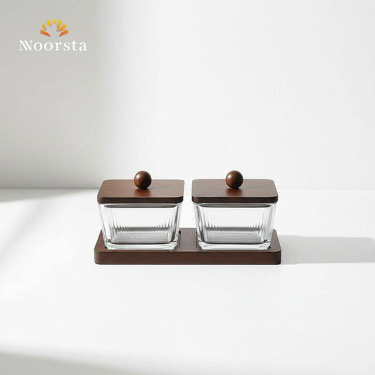 طقم تقديم مكسرات زجاج مضلع ستايل ياباني بقاعدة خشبية - Japanese-Style Ribbed Glass Nut Serving Set with Wooden Tray - Noorsta