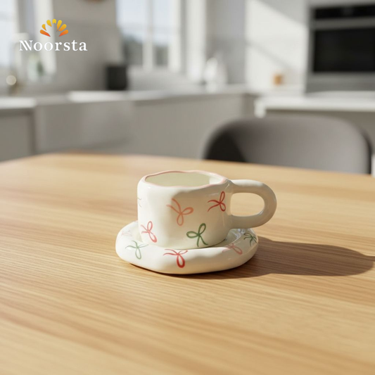 مج سيراميك بفيونكات مع الطبق لجهاز العروسة - Playful Bow Ceramic Mug with Saucer Set - Noorsta