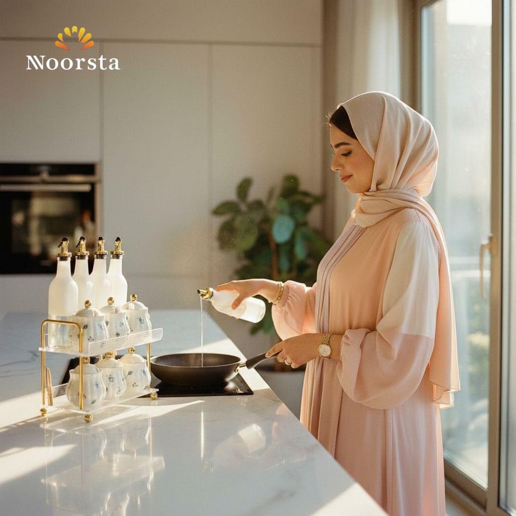 طقم توابل وزياتة بورسلين شيك لجهاز العروسة - Elegant Floral Porcelain & Glass Spice Rack Set with Acrylic Stand - Noorsta