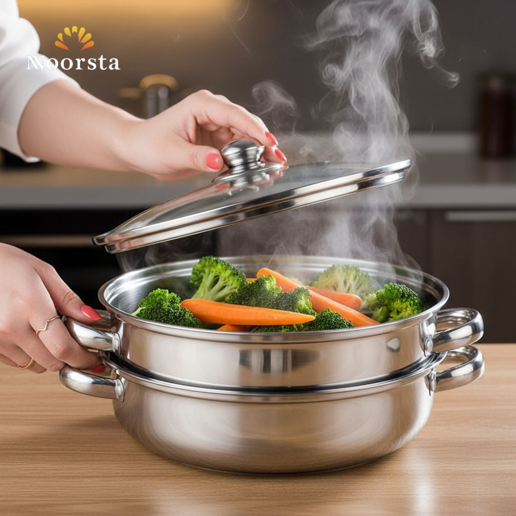 حلة بخار استانلس ستيل 2 دور لعمل أحلى خضار سوتيه - Versatile 2-Tier Stainless Steel Steamer Pot - Noorsta