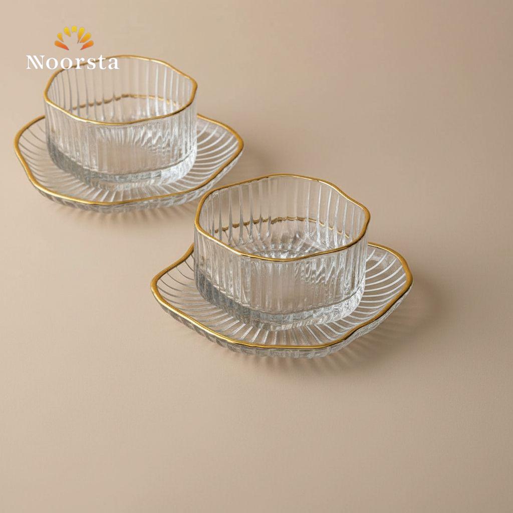طقم بولات زجاج مضلع بحافة ذهبية مع أطباق تقديم - كريستال فاخر