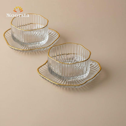 طقم بولات زجاج مضلع بحافة ذهبية مع أطباق تقديم - كريستال فاخر