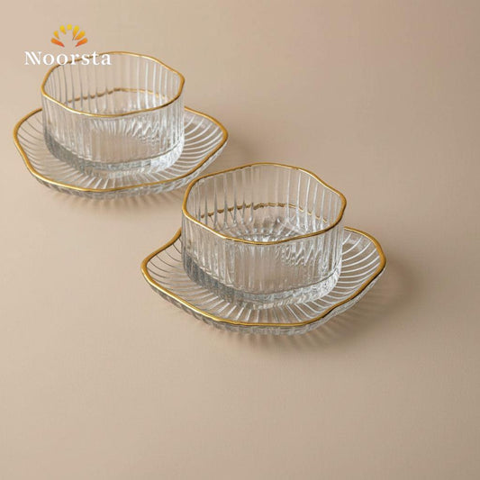 طقم بولات زجاج مضلع بحافة ذهبية مع أطباق تقديم - كريستال فاخر