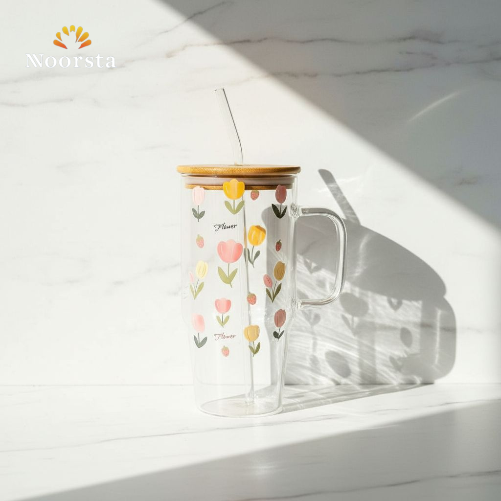 مج استانلي بيركس تريندي بسعة 1200 ملي مع شاليمو اكريلك - Trendy Stanley Pyrex Glass Mug with Acrylic Straw - Noorsta