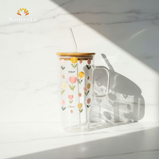 مج استانلي بيركس تريندي بسعة 1200 ملي مع شاليمو اكريلك - Trendy Stanley Pyrex Glass Mug with Acrylic Straw - Noorsta