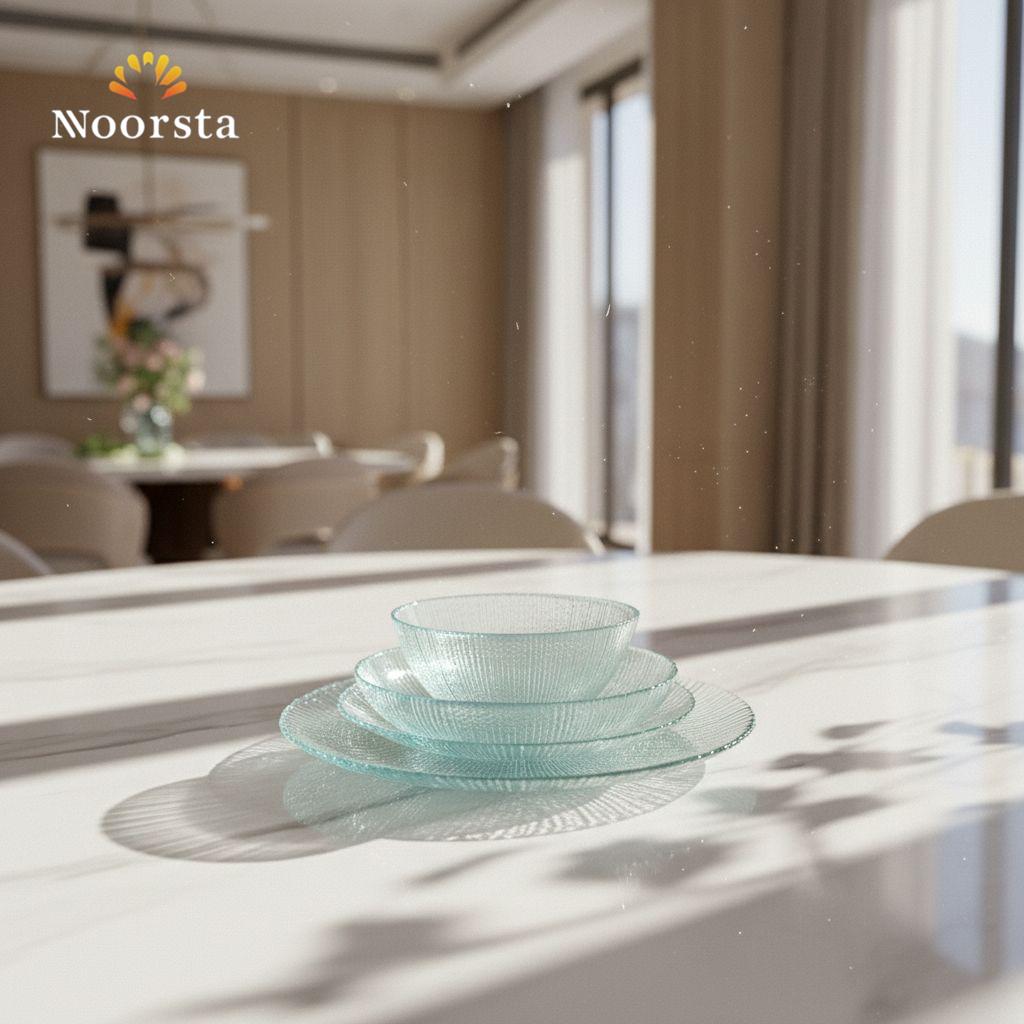 طقم عشاء زجاج تركي 25 قطعة لتقديمات الضيوف - Elegant 25-Piece Textured Turkish Glass Dinner Set - Noorsta