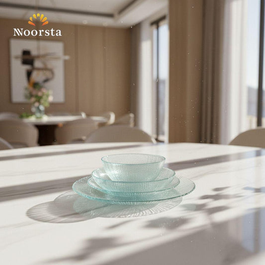 طقم عشاء زجاج تركي 25 قطعة لتقديمات الضيوف - Elegant 25-Piece Textured Turkish Glass Dinner Set - Noorsta