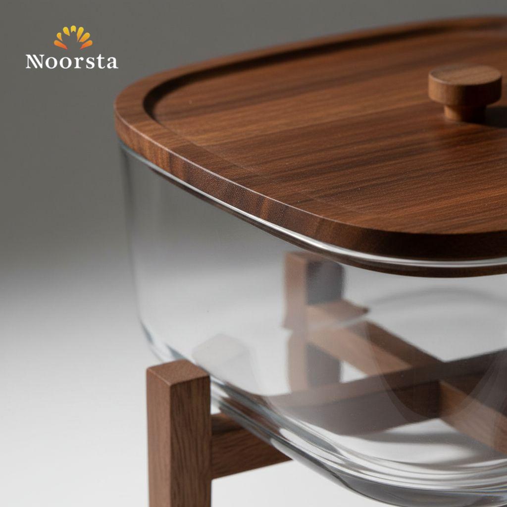 Noorsta Artisan Glass Serving Bowl with Acacia Wood Lid & Raised Stand