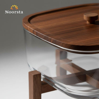 Noorsta Artisan Glass Serving Bowl with Acacia Wood Lid & Raised Stand