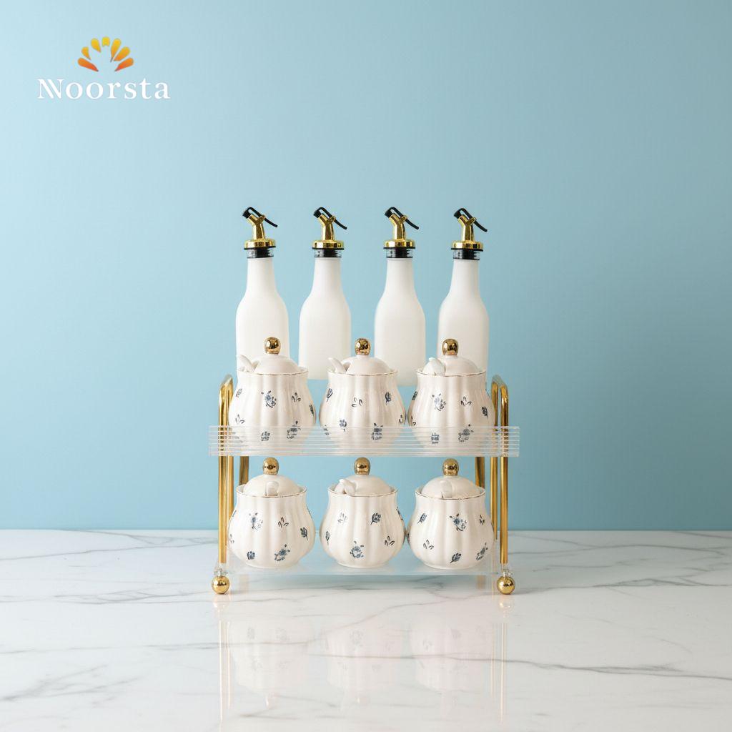 طقم توابل وزياتة بورسلين شيك لجهاز العروسة - Elegant Floral Porcelain & Glass Spice Rack Set with Acrylic Stand - Noorsta