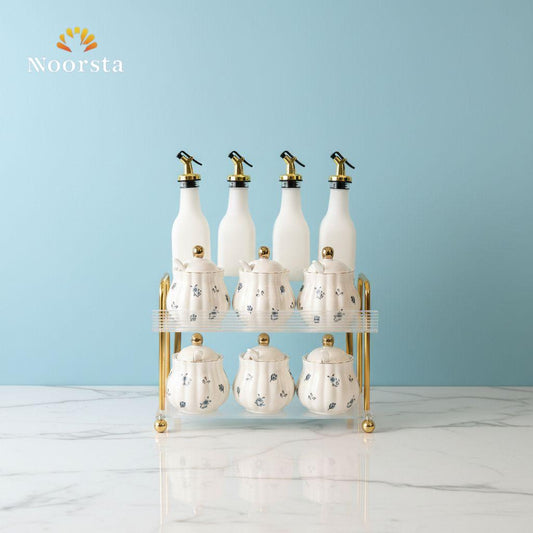 طقم توابل وزياتة بورسلين شيك لجهاز العروسة - Elegant Floral Porcelain & Glass Spice Rack Set with Acrylic Stand - Noorsta