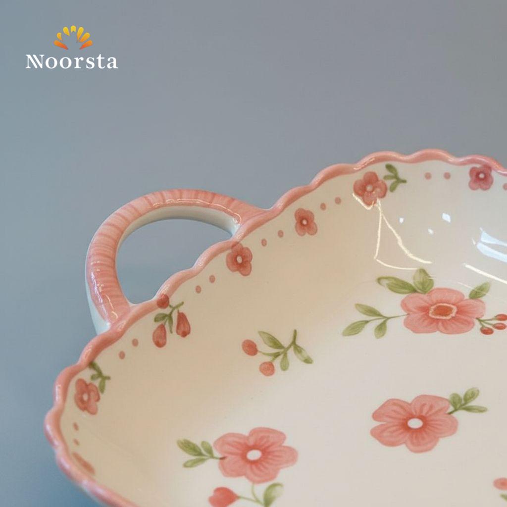 سيرفيس تقديم بورسلين بيد بنقشة الورد لجهاز العروسة - Chic Floral Porcelain Serving Dish with Handles - Noorsta