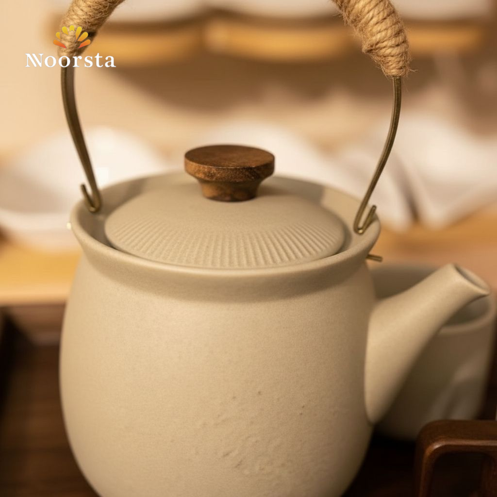 طقم شاي بورسلين شيك لجهاز العروسة - Authentic Porcelain Tea Set with Wooden Tray - Noorsta