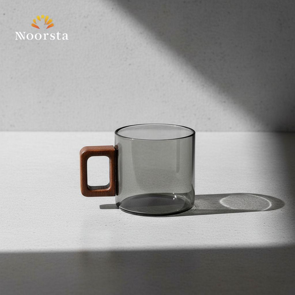 مج اسبريسو بيركس فاميه شيك بيد خشب - Modern Smoked Pyrex Espresso Mug with Wooden Handle - Noorsta