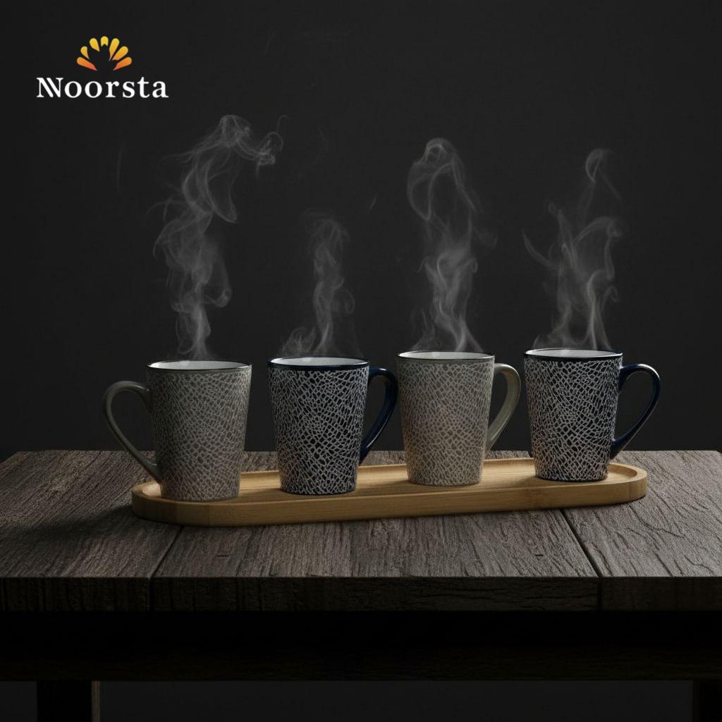 طقم مجات سيراميك فاخر بنقشة سفاري بارزة مع صينية تقديم خشبية - 5 قطع