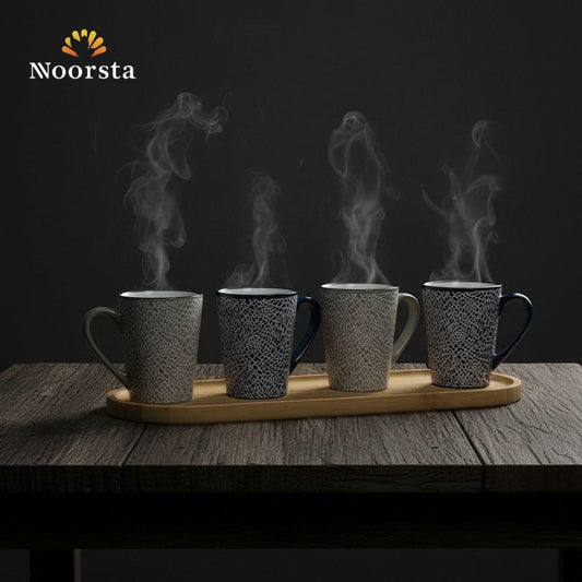 طقم مجات سيراميك فاخر بنقشة سفاري بارزة مع صينية تقديم خشبية - 5 قطع