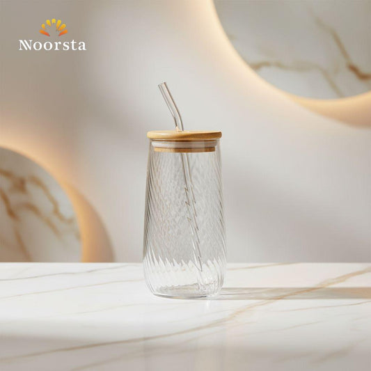 Noorsta Crystal Wave Glass Tumbler with Bamboo Lid & Straw