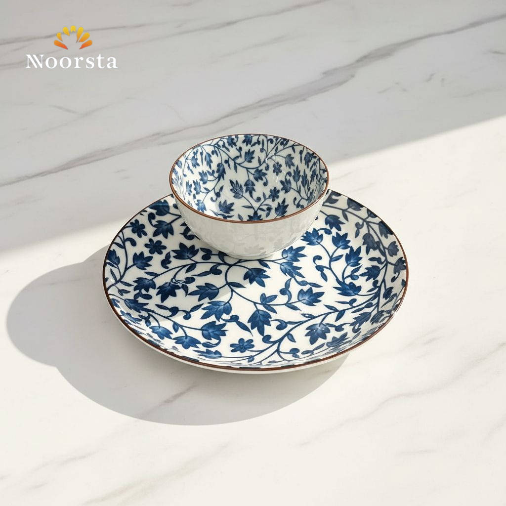 طقم عشاء بورسلين حراري بنقشة زرقا شيك - Classic Blue Floral Porcelain Dinnerware Set 12 Pieces - Noorsta