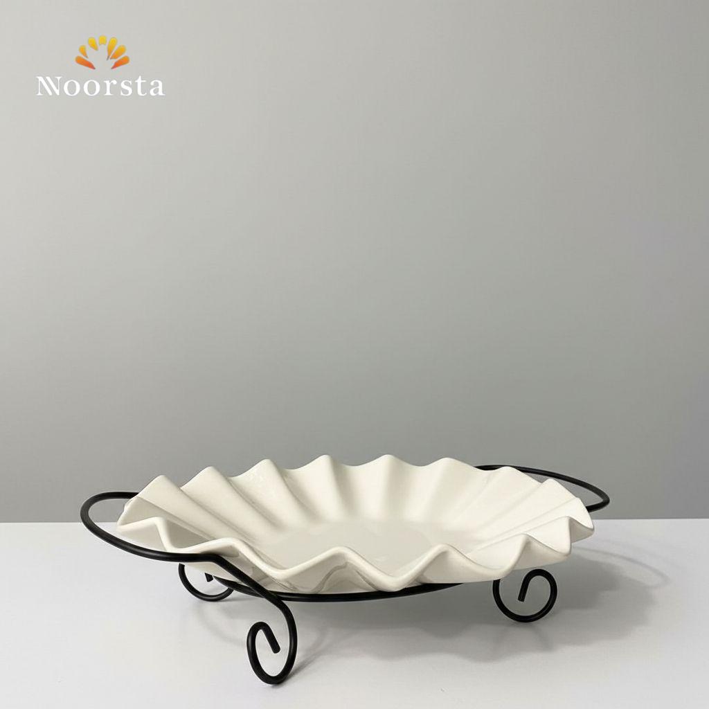 Modern Wavy Ceramic Serving Bowl with Elegant Metal Stand