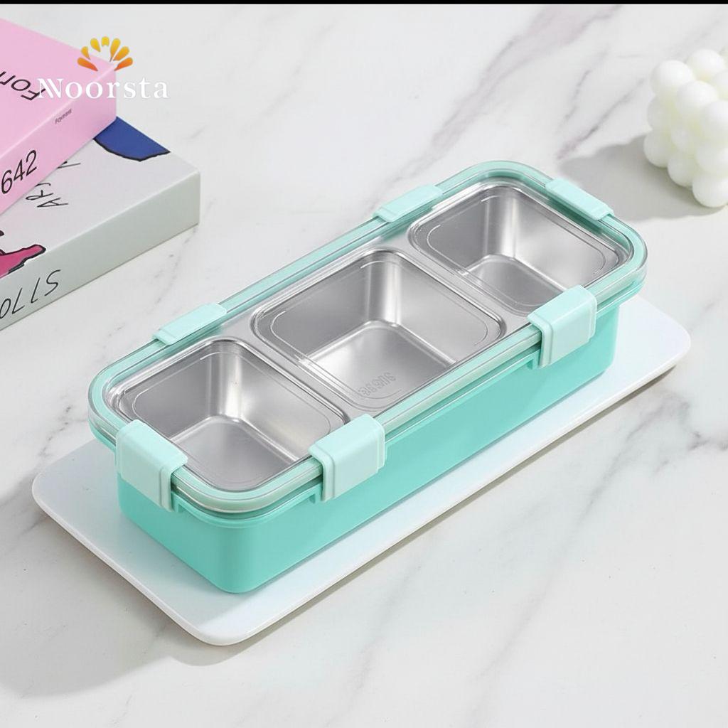 لانش بوكس مقسم 3 خانات ستانلس ستيل وبلاستيك صحي - Premium 3-Compartment Stainless Steel Lunch Box - Noorsta
