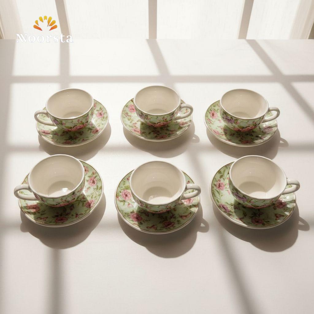 طقم قهوة فلور 12 قطعة شيك جدا لجهاز العروسة - Classic Floral Coffee Cup and Saucer Set 12 Pieces - Noorsta