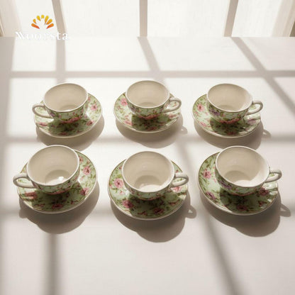 طقم قهوة فلور 12 قطعة شيك جدا لجهاز العروسة - Classic Floral Coffee Cup and Saucer Set 12 Pieces - Noorsta