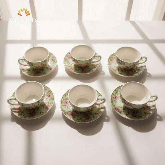 طقم قهوة فلور 12 قطعة شيك جدا لجهاز العروسة - Classic Floral Coffee Cup and Saucer Set 12 Pieces - Noorsta