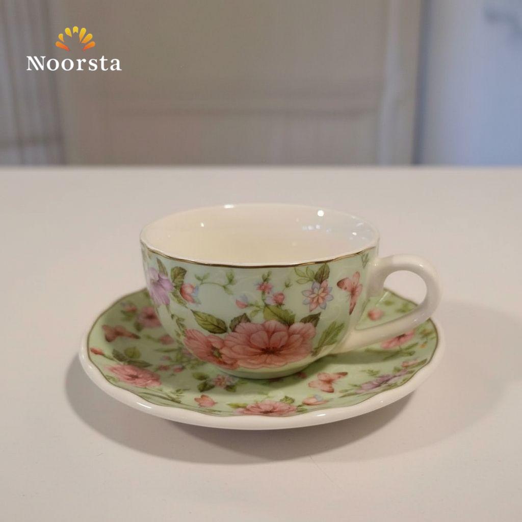 طقم قهوة فلور 12 قطعة شيك جدا لجهاز العروسة - Classic Floral Coffee Cup and Saucer Set 12 Pieces - Noorsta