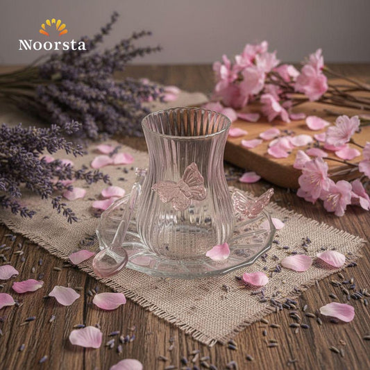 Enchanted Pink Butterfly Ribbed Glass Tea Set with Spoon