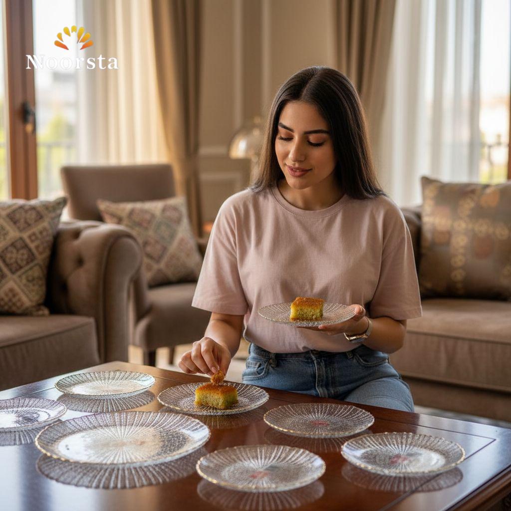 طقم جاتوه زجاج مضلع 7 قطع بإطار ذهبي أنيق - Elegant 7-Piece Ribbed Glass Dessert Plate Set with Gold Rim - Noorsta