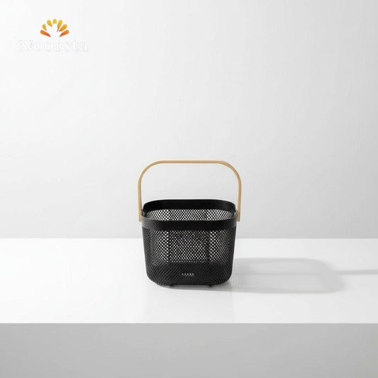 باسكت تخزين بلاستيك شيك بيد خشب - Minimalist Perforated Plastic Storage Basket with Wooden Handle - Noorsta