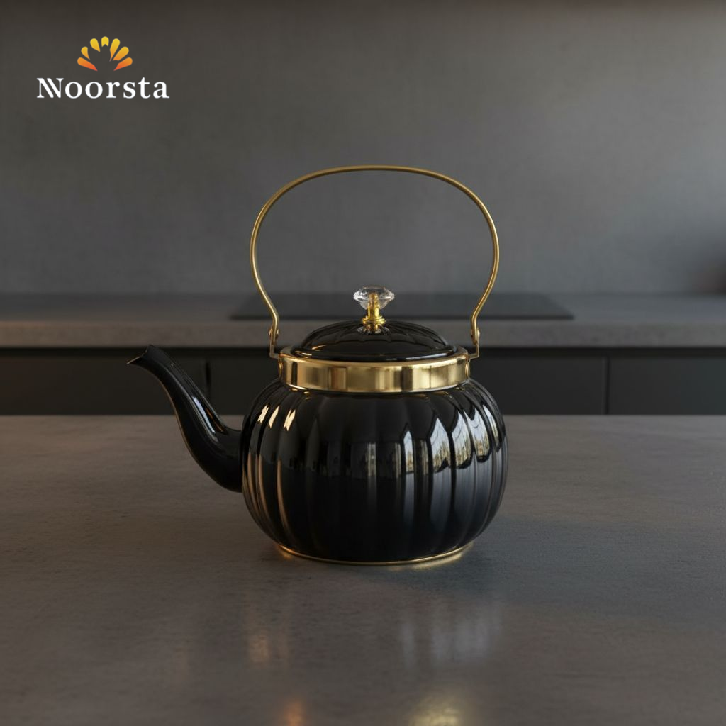 براد شاي استانلس أسود شيك للعزومات - Premium Black Ribbed Stainless Steel Teapot 2L - Noorsta