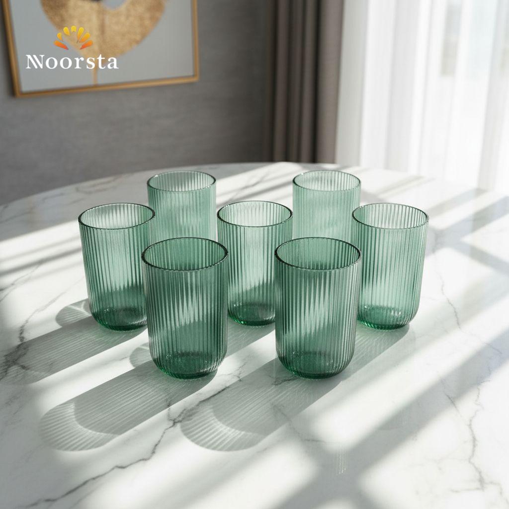 طقم كوبايات زجاج أخضر مضلع شيك جدا للتقديم - Elegant Ribbed Green Glass Cup Set 350ml - Noorsta