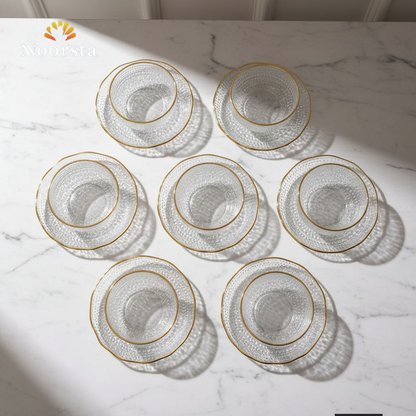 طقم مكسرات زجاج بحواف دهبية - Elegant 12-Piece Glass Snack Set - Noorsta
