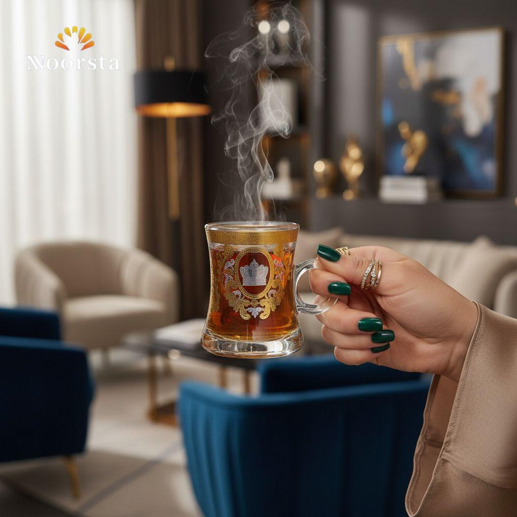 طقم كاسات شاي زجاج بنقشة التاج الملكي والدهبي - Majestic Crown Gold-Embossed Glass Teacup Set - Noorsta