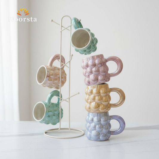 طقم مجات بورسلين بابلز لاستر شيك مع استاند - Modern Luster Bubble Porcelain Mug Set - Noorsta