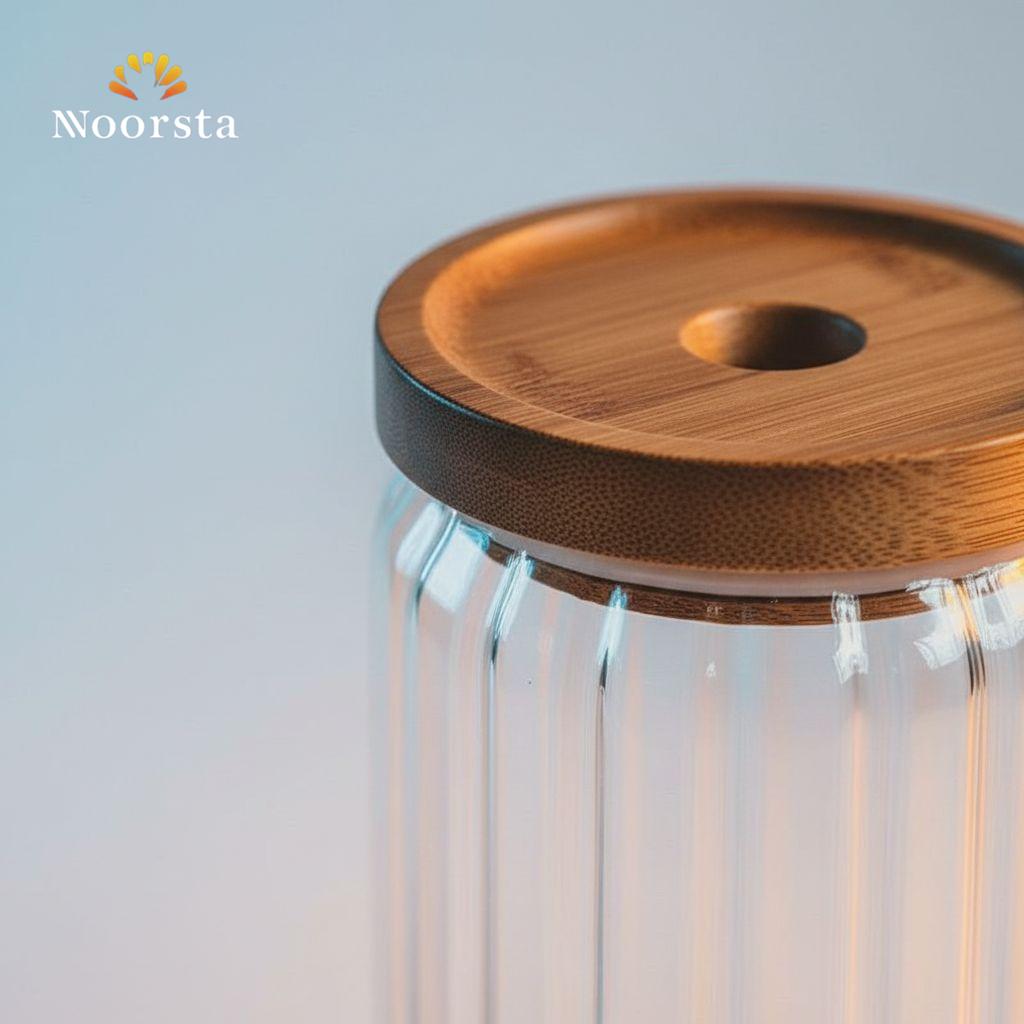 برطمان زجاجي مضلع شيك لتنظيم المطبخ - Premium Ribbed Glass Storage Jar with Bamboo Lid - Noorsta