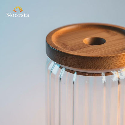 برطمان زجاجي مضلع شيك لتنظيم المطبخ - Premium Ribbed Glass Storage Jar with Bamboo Lid - Noorsta