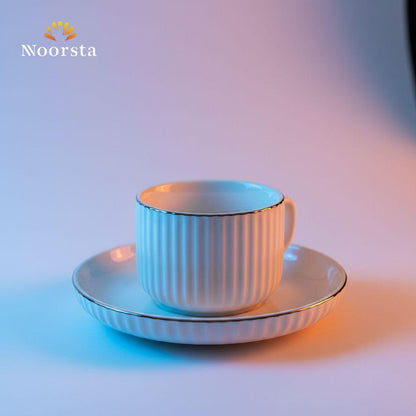 طقم فناجين قهوة شيك للضيافة - Elegant White Ribbed Coffee Cup Set with Silver Trim - Noorsta