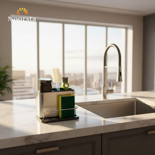 منظم حوض المطبخ ودسبنسر صابون استانلس - Modern 3-in-1 Stainless Steel Sink Organizer - Noorsta