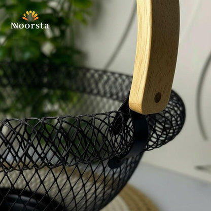 Noorsta Modern Black Wire Mesh Basket with Wooden Handle