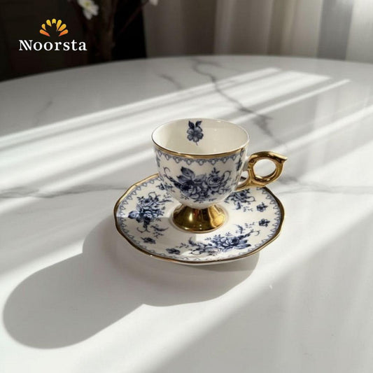 طقم فناجين قهوة شيك جدا للضيوف - Classic Blue Floral Porcelain Coffee Set with Gold Accents - Noorsta