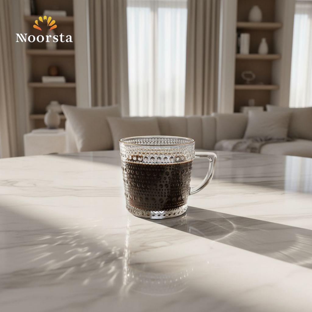 مج زجاج شفاف بنقشة بارزة وحرف دهبي لركن القهوة - Elegant Clear Glass Hobnail Mug with Gold Rim - Noorsta