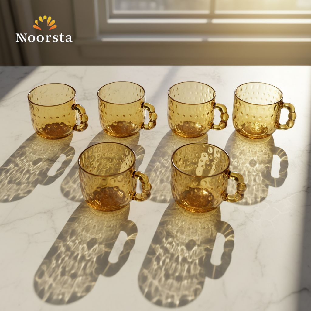 طقم مجات زجاج دهبي بأيد بابلز 6 قطع - Premium Golden Bubble-Handle Glass Mug Set - Noorsta