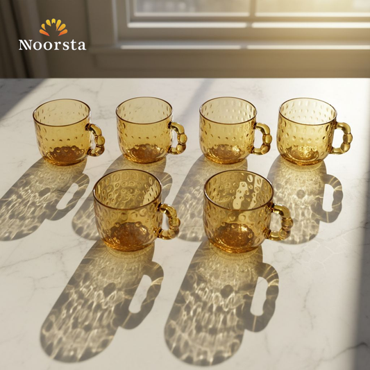 طقم مجات زجاج دهبي بأيد بابلز 6 قطع - Premium Golden Bubble-Handle Glass Mug Set - Noorsta