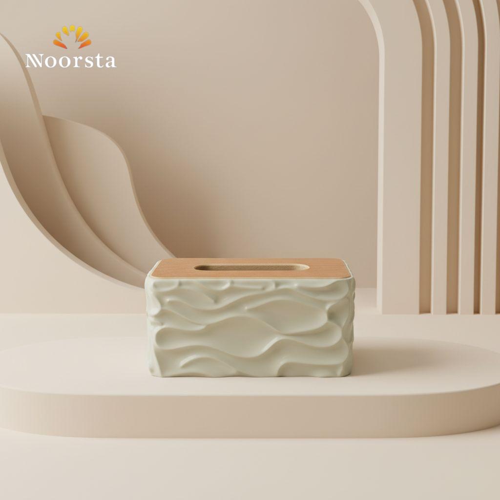 علبة مناديل نورديك بتصميم أمواج منحوتة وغطاء خشبي