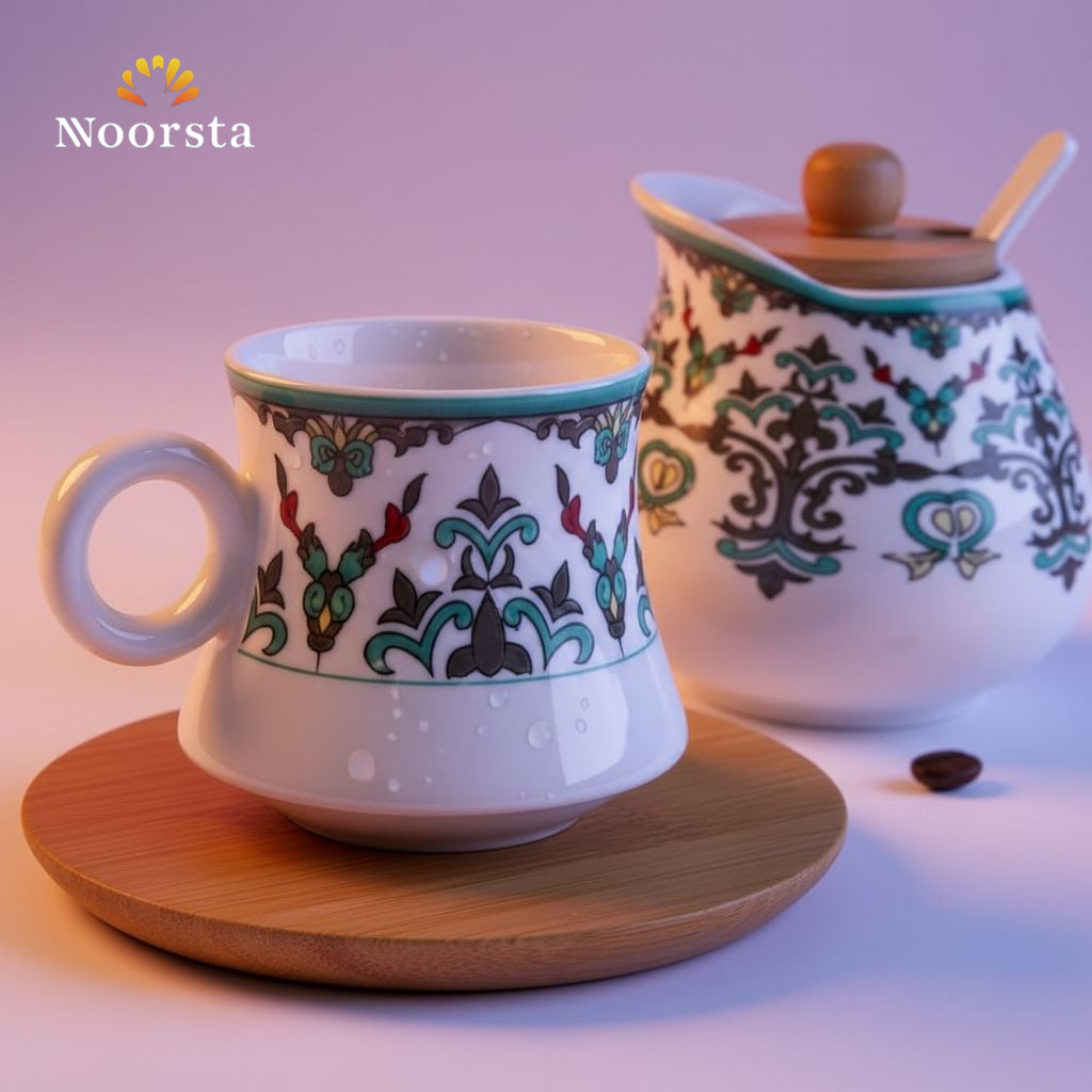 طقم قهوة بورسلين شيك لجهاز العروسة - Authentic Porcelain Coffee Set with Wooden Tray - Noorsta